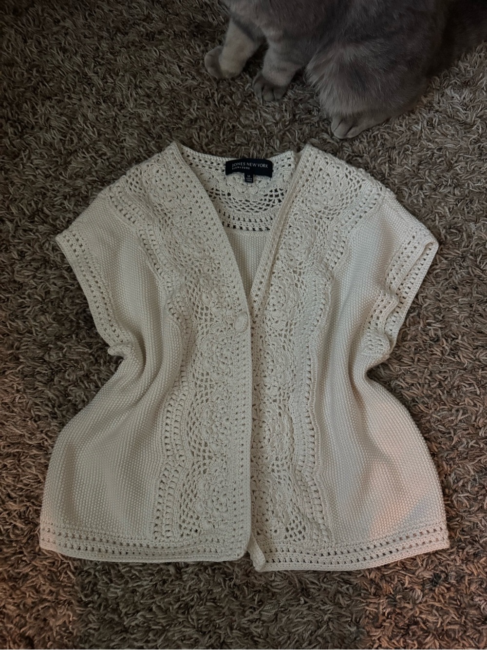 Jones New York Cream Crochet Open-Knit Short-Sleeve Cardigan